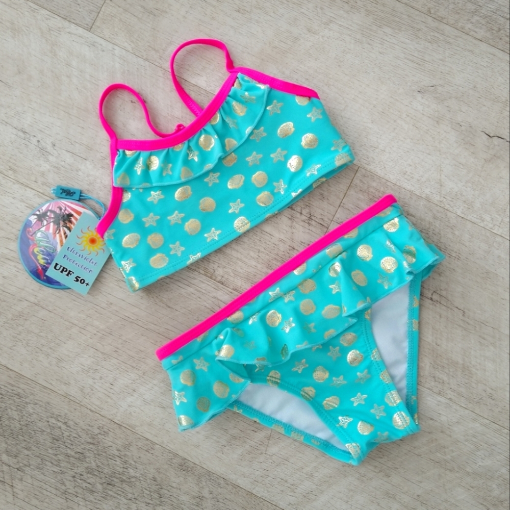 NWT Girls UPF 50+ Bikini Foil Gold Shell Ocean Print Swimsuit